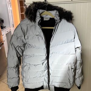 Moncler Men's Gray Puffer Jacket with Fur Trim